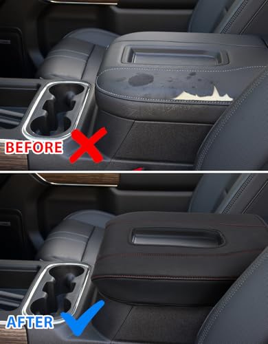 Center Console Cover for Chevy Silverado 1500 Accessories & GMC Sierra 2019-2026, Yukon & Tahoe & Suburban 2021-2026, Bucket Seat, PU Leather Armrest Middle Console Cover, Black-Red Stitch - color: Black red