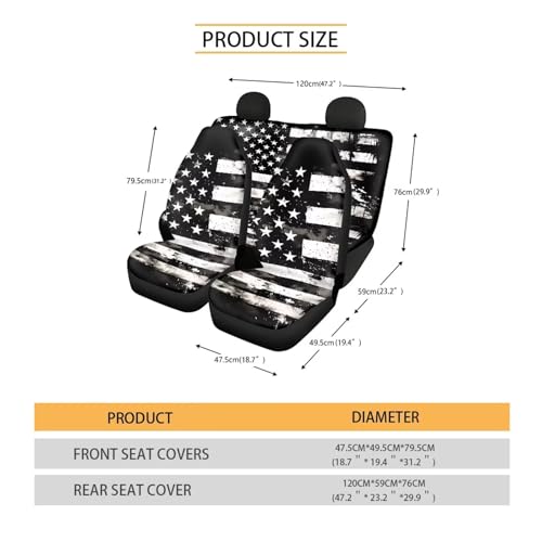 FUSURIRE Black USA Flag Print Car Seat Cover Full Set Car Seat Covers, Front Bench Seat Protector Full Set of 4 for Women Men Universal Fit for Most Vehicle，Independence Day - color: Black USA Flag Print