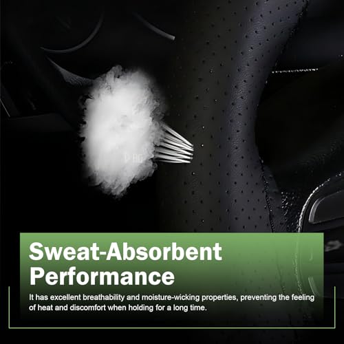 Car Leather Steering Wheel Cover, Breathable Perforated Anti-Slip Wrap, Anti-Scratch Microfiber Steering Wheel Protector, DIY Stitch on Wrap for Most Cars Trucks Pickups (Black)