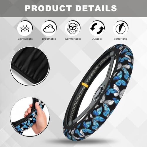 Blue Black Butterfly Steering Wheel Cover, Cute Butterflies Anti-Slip Breathable Car Accessories Interior Elastic Steering Wheel Cover for Men Women Fit Auto, SUV Vans Truck Universal 14.5-15 Inch