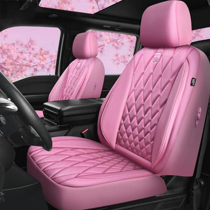 CAR PASS Piping Luxury Leather Two Front Car Seat Covers, Cute Girly Waterproof Anti Slip Seat Covers Compatible with Front Seat Armrests,Universal Fit for Suvs,Vans,Trucks,Airbag Compatible(All Pink) - color: All Pink, size: Two Front