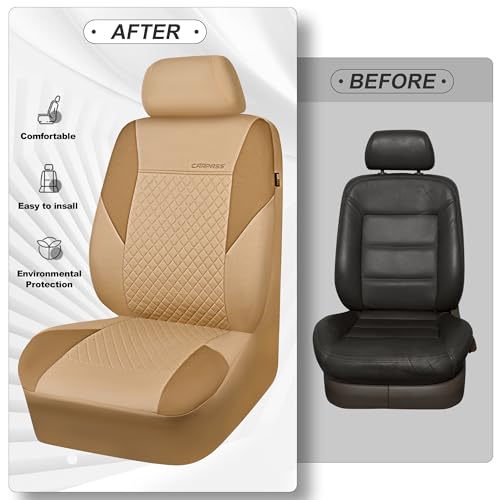 CAR PASS Ultrasonic Embossing Cloth Universal Seat Covers,Cute Breathable Car Seat Cover with 5mm Composite Sponge Inside,Airbag Compatible,2zipper Bench for Sedan,SUV,Truck(Beige,Full Set)