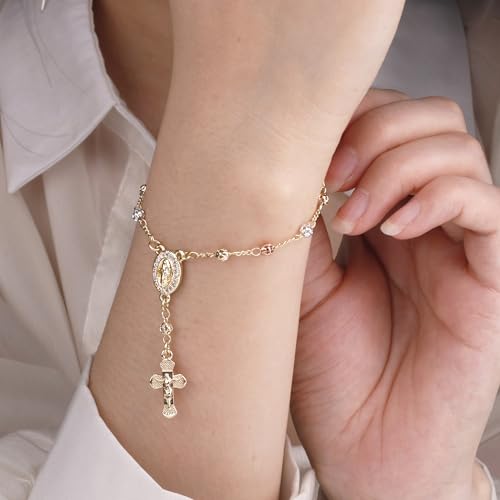 Gold Plated Beads Catholic Guadalupe Car Rearview Mirror Rosary Hanging Charm Chain for Women with Gift Box - color: Hollow beads