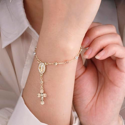 Gold Plated Beads Catholic Guadalupe Car Rearview Mirror Rosary Hanging Charm Chain for Women with Gift Box - color: Hollow beads