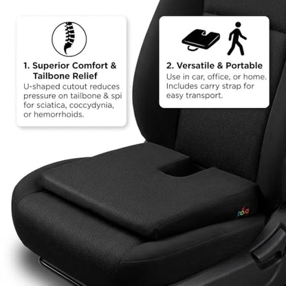 nova Orthopedic Coccyx Seat Cushion & Tailbone Pain Relief Pillow - U-Shaped Wedge for Office Chair, Car & Home - Posture Support, Washable Black Faux Suede Cover with Carry Strap, 16.5"x16.5"