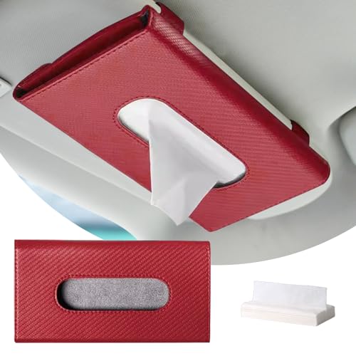 Car Tissue Holder, Sun Visor Napkin Holder, Premium PU Leather Car Tissue Box, with Tissue Refill, Universal Version Hanging Tissue Holder for Cars, Trucks, SUVs - color: Red
