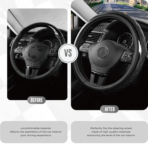 Road Comforts Leather Steering Wheel Cover – Black & Black, Universal Fit 14.5-15 Inch, Microfiber Leather, Anti-Slip & Breathable Design for Men and Women - color: Black