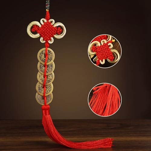 Feng Shui Gold Coins Chinese Luck Charm, Red Knot Wall Hanging for Car,House,Office, Wealth and Success Five Emperor Money(5coins) - 2pcs