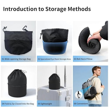 Patented Head-Bobble-preventing Ergonomic 360° Supporting Golden Formula Memory Foam Travel Neck Pillow w/3D Contoured Eye Mask Set Long Trip Sleeping Essentials for Airplane Flight Car Bus