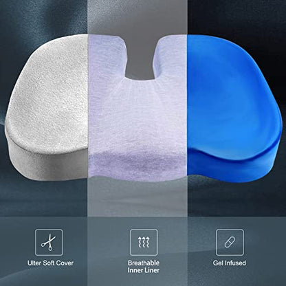 CYLEN Home Office Seat Cushion - Comfort Memory Foam Chair Cushion with Cooling Gel Infused for Tailbone, Coccyx, Back & Sciatica Pain Relief (Grey) - color: Grey