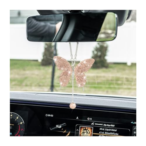 zipelo Bling Butterfly Diamond Car Accessories, Crystal Car Rear View Mirror Charms for Women, Car Decoration Lucky Gifts Hanging Interior Crystal Ornament Pendant Decor for All Cars (Peach Color) - color: Peach Color