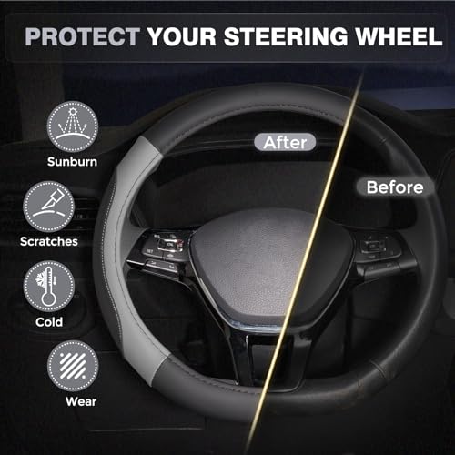 Car Steering Wheel Cover, Microfiber Leather Steering Wheel Covers with Anti-Slip Lining, Breathable Elastic Car Steering Wheel Protector, Universal Standard Size 14-15 inch - color: GrayBlack