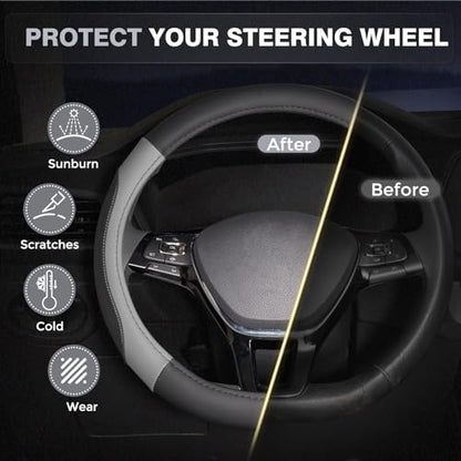 Car Steering Wheel Cover, Microfiber Leather Steering Wheel Covers with Anti-Slip Lining, Breathable Elastic Car Steering Wheel Protector, Universal Standard Size 14-15 inch - color: GrayBlack