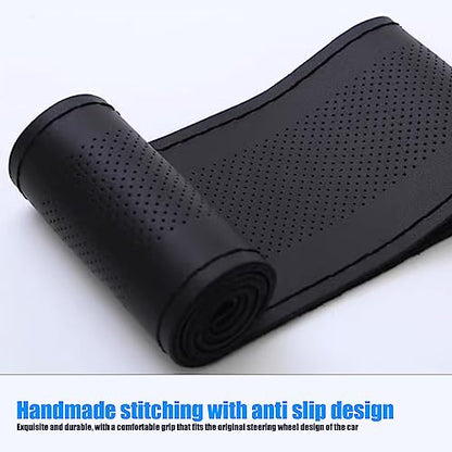 Pack-1 Leather Steering Wheel Cover, Universal Non-Slip Stitch On Wrap, DIY Car Wheel Cover Protector with Needle and Thread for Most Cars SUVs and Trucks (Black #4) - color: Black #4