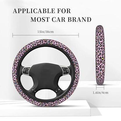 Pink Leopard Print Neoprene Steering Wheel Cover for Men Women Anti-Slip Elastic Steering Wheel Protective Cover 15in Universal Car Accessories Fit Cars, SUVs, Auto - color: Pink Leopard Print