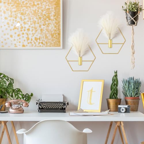 2 Pcs Boho Wall Decor Metal Gold Wall Art Hanging Planters with Artificial Pampas Modern Home Decor Display Art for Living Room Bedroom Bathroom(Hexagon) - style: Hexagon