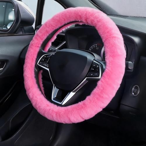 Furry Car Steering Wheel Cover, Heat Absorbing Fluffy Cover, Soft Warm Plush Non-Slip, 14 1/2-15 inch, for Women Girls, Pink - color: single cover - pink
