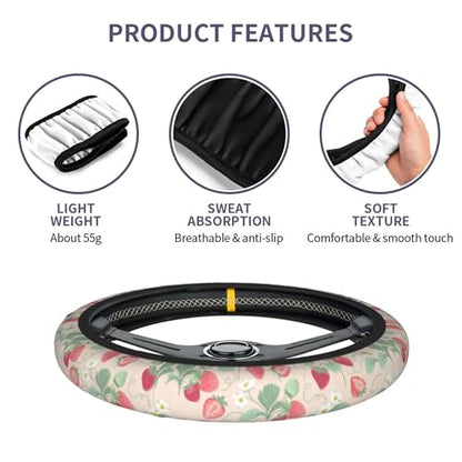 Strawberry Flowers Steering Wheel Cover - Strawberry Flower Steering Wheel Cover for Women Cute Car Breathable Universal for 14-15 Inch Anti-Slip 2 Pieces Car Coasters - color: 1-Strawberry