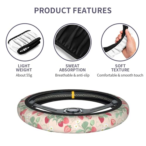 Strawberry Flowers Steering Wheel Cover - Strawberry Flower Steering Wheel Cover for Women Cute Car Breathable Universal for 14-15 Inch Anti-Slip 2 Pieces Car Coasters - color: 1-Strawberry