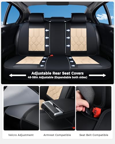 Huidasource Seat Covers Full Set, Universal Fit for Most Cars SUV Trucks, Full Coverage Leather Seat Cover, Airbag, Cupholder Compatible, Seat Function Retain, Easy Install with Velcro, Black & Beige - color: FS: Black&Beige, size: Full Set