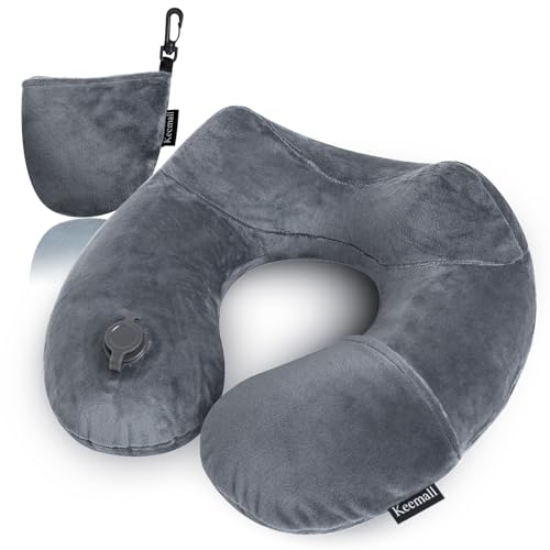 Keemall Inflatable Travel Pillows for Airplanes, Easy Blow Up Inflatable Travel Neck Pillows for Air Travel Sleeping Long Flight, Comfort Travel Air Pillows for Car Train Office Nap Camping - color: Black Gray, size: Medium