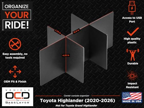 Center Console Organizer for Toyota Highlander (2020-2026) - Made in USA - NOT for Grand Highlander - SLX175 - size: Highlander 2020-2026