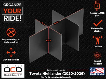 Center Console Organizer for Toyota Highlander (2020-2026) - Made in USA - NOT for Grand Highlander - SLX175 - size: Highlander 2020-2026