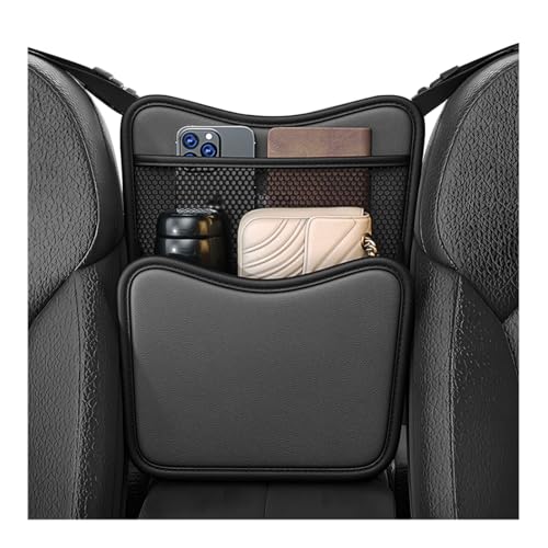 Car Organizer Storage Between Seats, Nappa Leather Front Seat Storage Bag with Tissue Holder, Automotive Console Hanging Net Pocket Handbag Holder for Phone Document (Black)