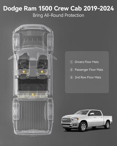 3W Floor Mats Fit for 2019-2024 Dodge Ram 1500 Crew Cab New Body (NOT Classic Models) with Original Storage All Weather TPE Accessories Custom Fit Dodge Ram 1500 Floor Liner Full Set Car Mats - size: 19-24 Ram 1500 w/ Storage Floor Mats