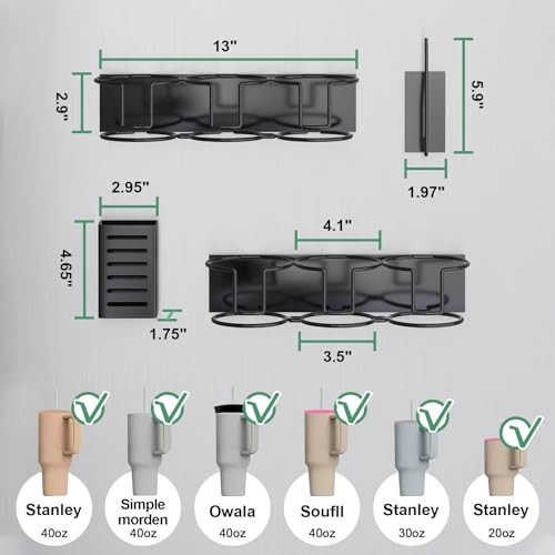Magnetic Cup Holder for Fridge, Aufworld Tumbler Organizer Fits 20/30/40 oz Stanley Cups, Accessory Storage with Lid & Straw Holder, Space-Saving Storage Rack for Kitchen Fridge (Black-Cup Holder Set)