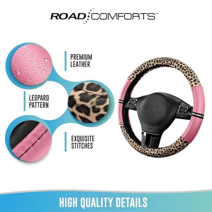 Road Comforts Leopard Steering Wheel Cover for Women, Cute Anti-Slip Microfiber Leather, Universal Fit 14.5-15 Inch Round Steering Wheel - Pink - color: Round Pink