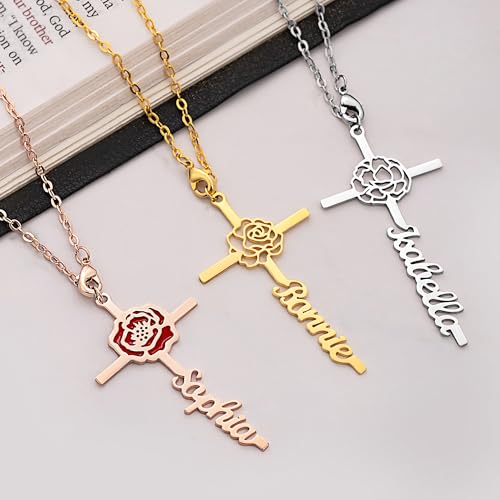 BYFDIY Custom Hanging Car Charm Cross Personalized Name Birth Flower Wheel Charm Rearview Mirror Accessories Birthday Easter Gift for Female Christian Drivers Women 1.8"×1"