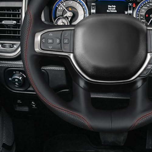 MEWANT Hand Stitch Steering Wheel Cover for Dodge Ram 1500 Laramie Big Horn 2019-2021 Black Real Leather Steering Wrap - color: Black Real Leather&Red&Black Thread