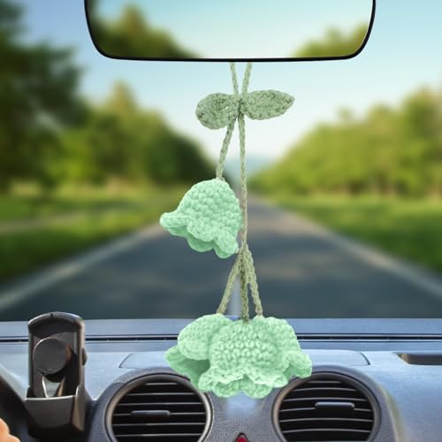 Crochet Lily of The Valley Mirror Hanging Ornament for Cars, Cute Hand Knitted Flower Rear View Mirror Car Charm, Hanging Pendant Decor Car Accessories for Women (Mint Green) - color: Mint Green