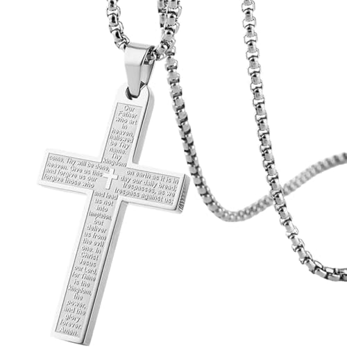 KITUREK Cross Necklace Pendant Car Mirror Hanging Accessories, Stainless Steel Cross Car Rear View Charm with Bible Verse for Car, Truck, Home, Hanging Cross Car Ornament for Men Women (Silver) - color: Silver