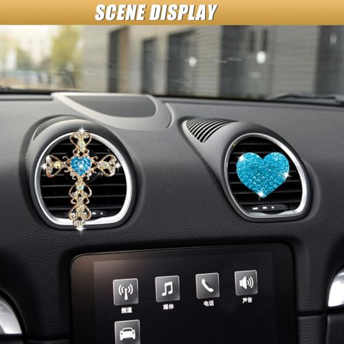2PCS Bling Cross & Heart Car Dashboard Air Vent Trim Clip, Sparkly Rhinestone Car Air Vent Clips, Diamond Auto Diffuser Charm Clip, Auto Interior Decoration Accessory for Women Girls (Blue) - size: Blue