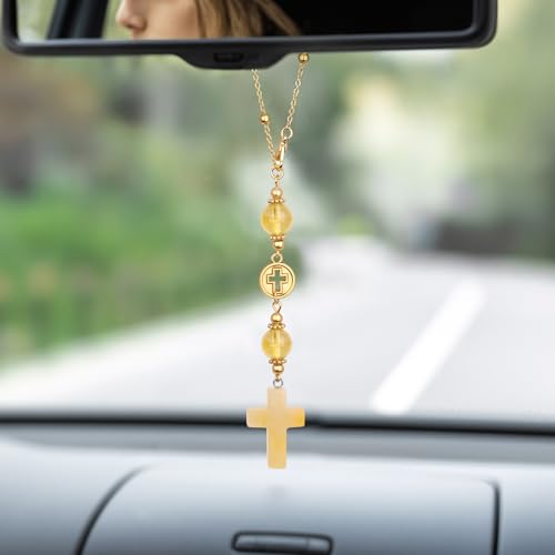 Cross Crystal Hanging Car Charm,Cute Healing Stones Car Decor for Rear View Mirror Boho Handmade Sun Catcher Ornament Accessories Citrine Crystal Gifts for Women - color: Citrine