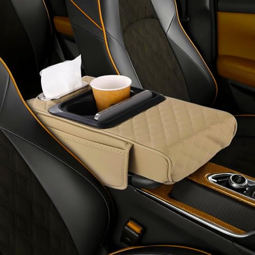 Priprilod Beige Car Center Console Armrest Pillow, Memory Foam with Cup Holder and Cell Phone Holder, Multifunctional Car Center Console Organizer, Universal Fit for Most Vehicles - color: Beige Tan