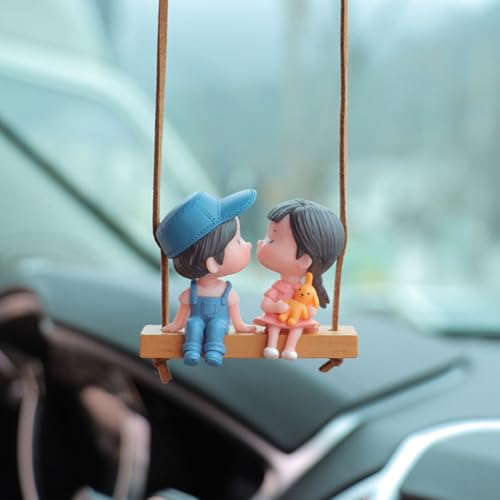 Cute Swinging Couple Car Hanging Ornament, Cartoon Boy and Girl Lovers Rear View Mirrior Hanging Accessories, Car Interior Decorations Charm Pendant for Men Women Teens Gift (Sitting Couples) - color: Sitting Couples