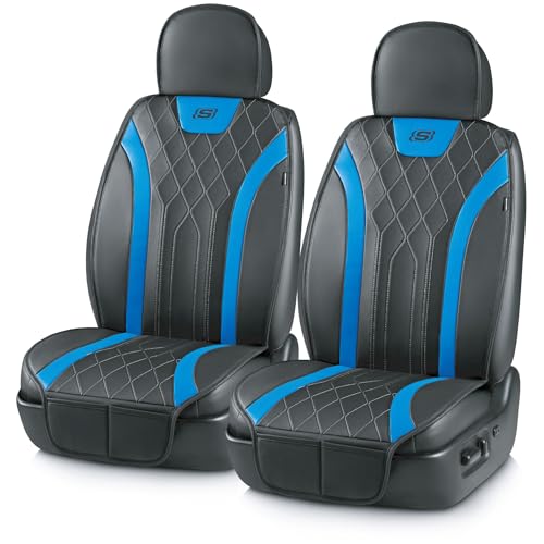 Skechers MAX Cushioning Car Seat Covers,Memory Foam Leather Car Seat Protectors, Airbag Safe Waterproof Sideless Front Seat Covers with Storage Pocket,Universal Fit for Cars Trucks SUV, Blue 2PCS - color: Black and Blue
