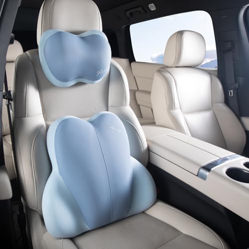 Lumbar Support with Car headrest Back Pillow for Chairs Headrest Pillow for Car Ergonomic Ultrathick Memory Foam Back Pillow for Office Chair (Blue) - color: Blue, size: Lumbar+headrest