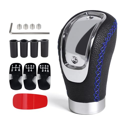 Universal 5/6 Speed Leather Car Racing Gear Shift Shifter knob,Artificial Leather and ABS Black Stitching Shift Knob with 4 Adapters,Replaceable 3 Gear Position Pastors(Black+Blue Line) - color: 5/6 Speed Leather(Black+Blue Line)
