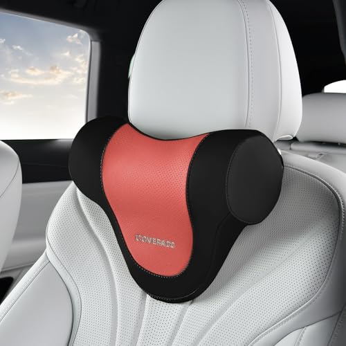 Coverado Car Headrest Pillow, Ergonomic Memory Foam Car Neck Pillow for Driving Seat with Adjustable Strap, Soft PU Leather Breathable Removable Cover Neck Support for Neck Pain Relief, BlackRed - color: Blackred, size: Headrest Pillow