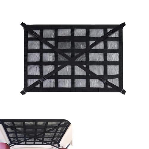 WZP Car Ceiling Cargo Net, 31.5" x 20.9" Double-Layer Mesh Car Roof Storage Ceiling Cargo Net with Adjustable D-Buckle, Universal Auto Accessories for SUVs, Road Trips, Camping Essentials