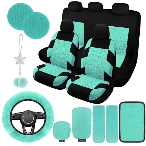 17 Car Seat Cover Full Set for Women,Universal Car Seat Cover,Plush Steering Wheel Cover,Fluffy Soft Wool Handbrake Gear,Suspension Accessories Full SUV (Patterned Mint Green) - color: Patterned Mint green