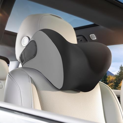 BEBAS Car Headrest Pillow, Memory Foam Neck Support Pillow for Cars - Ergonomically Designed for Long Drives, Travel & Commuting, Pain Relief with Removable & Washable Cover (Black Gray, 1-Pack) - color: Black Gray