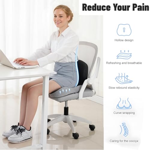 Memory Foam Seat Cushion for Truck Drivers Car Seat & Office Chairs Ergonomic Chair Cushion for Back Pain, Sciatica & Tailbone Relief – Non-Slip Cover, Long Sitting Support & Driving (Gray)