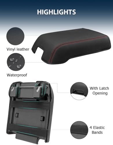 Center Console Cover for 2015-2020 F150 Accessories, F250 F350 F450 2017-2022, Expedition 2018-2024, PU Leather Middle Armrest Cusion Protector, Bucket Seat Only, Anti-Scratch, Black-Red Stitch - size: Bucket Seat, 17-22 F250-F450, red stitch