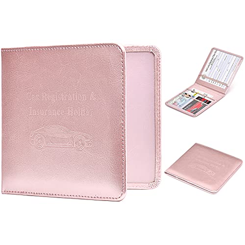 HerriaT Car Registration and Insurance Card Holder - Leather Vehicle Glove Box Automobile Documents Paperwork Wallet Case Organizer for ID, Driver's License, Key Contact Information Cards - Men&Women - color: compact rosegold
