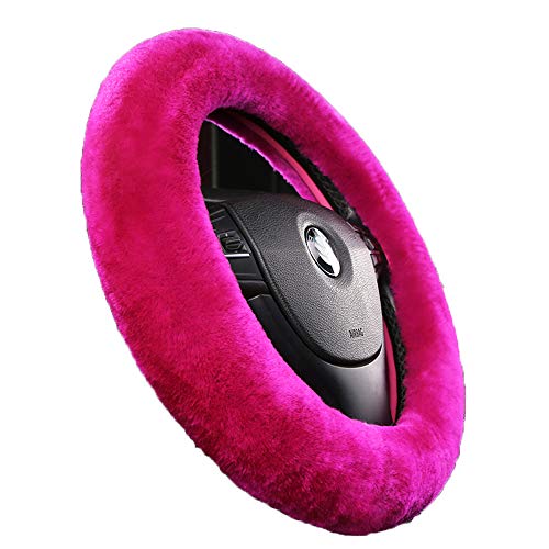 Fluffy Fur Wool Sheepskin Car Steering Wheel Cover for Woman Universal Auto Fuzzy Steering Wheel 14 1/2 inch-15 1/2inch Protector, Comforting Luxurious Soft (Magenta) - color: Magenta